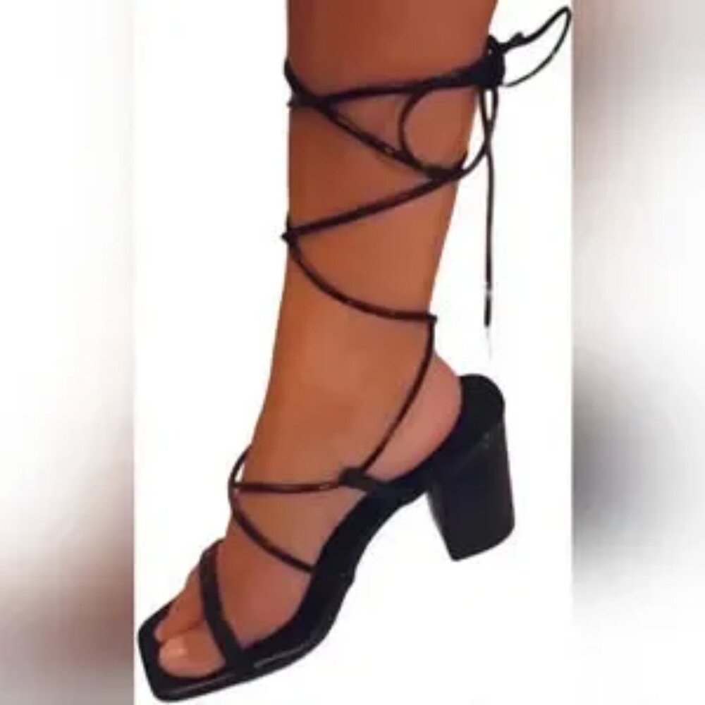 Elisabet‎ Lang black patent leather chunky heal lace up strappy sandals